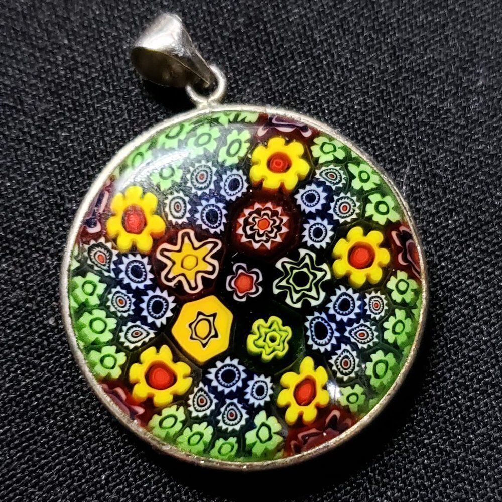 Sterling Silver Millefiore Floral Glass Pendant